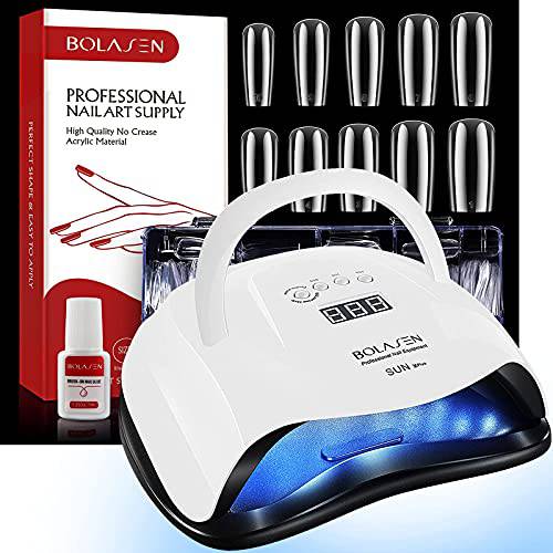 BOLASEN UV LED Nail Lamp and Nail Tips with Glue , 80W Nail Lmp , 500pcs 10 Sizes Full Cover Nail Tips with Glue