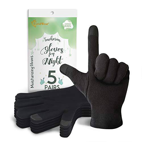 Evridwear 100% Cotton Touchscreen Moisturizing Beauty Gloves with Elastic Cuff, Natural Cosmetic Therapy Gloves for Eczema SPA Dry Hands Care Overnight (Black, Large) 5 Pairs