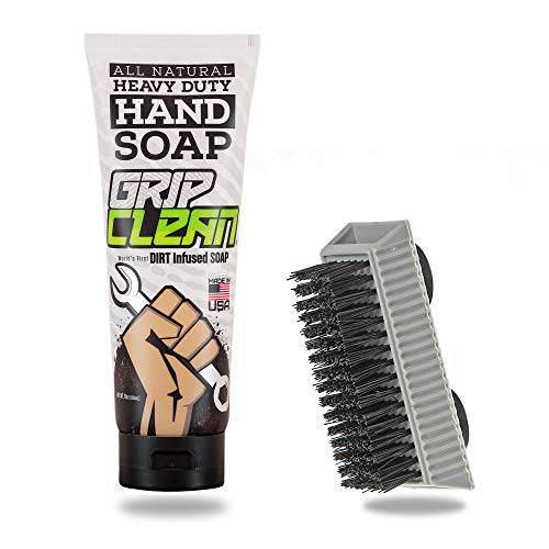 Grip Clean | Hand Cleaner for Auto Mechanics - Heavy Duty Pumice Soap, All Natural & Dirt Infused w/Stiff Bristle Fingernail Scrub Brush for Men & Mechanics