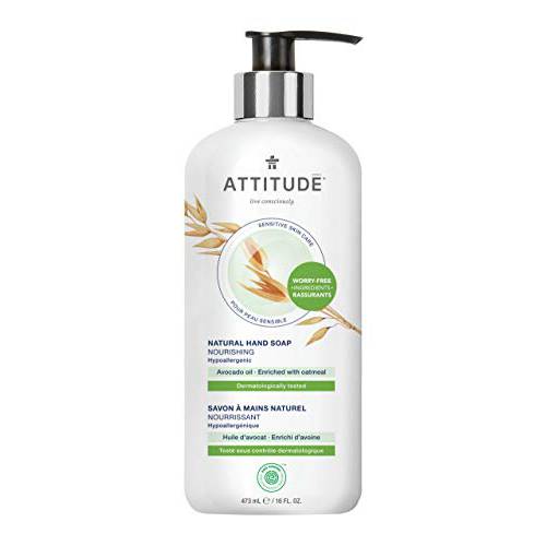 ATTITUDE Liquid Hand Soap for Sensitive Skin Nourishing (Dermatologist teste/Hypoallergenic/EWG Verified/Vegan/Cruelty free), Avocado Oil, 16 Fl Oz (60413)