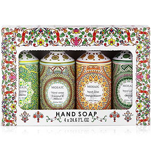 Mosaic Liquid Hand Soap / Hand Wash Gift Set, Ideal Bathroom Hand Soap and Kitchen Hand Soap Set , Olive Oil + Coconut & Hibiscus + Gardenia + Orange Blossom, 4 x 24.6 fl oz Each Liquid Soap Bottle