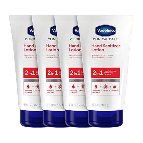 Vaseline Hand Sanitizer Lotion Hydrating Skincare 2-in-1 Moisturizer and Kills Germs , White, 5.1 Fl Oz (Pack of 4)