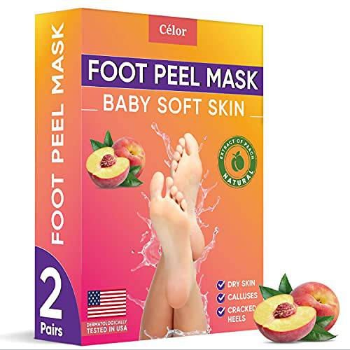 Foot Peel Mask Peach (2 Pairs) - Foot Mask for Dry Cracked Feet and Remove Dead Skin - Foot Exfoliator with Aloe Vera Gel and Natural Peach Extract for Men and Women Feet Peeling Mask - Foot Mask Peel