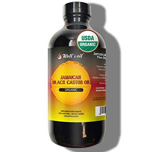 Well’s 100% Pure Organic Jamaican Black Castor Oil (8oz) 100% Pure, Cold Pressed, No Salt, Perfect for Hair, Eyelashes Growth, Treatment for Dry and Cracked Skin, Massage Oil, Skin Oil