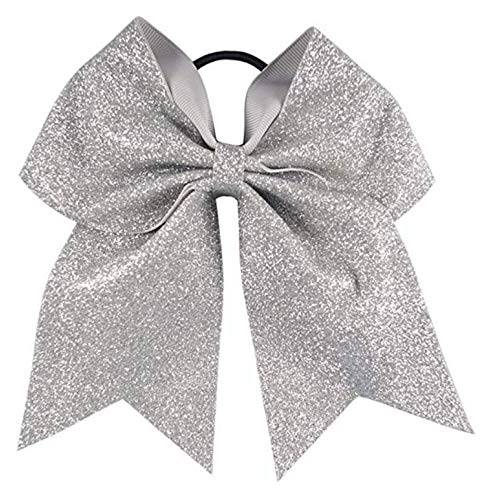 Glitter Cheer Bows - Cheerleading Softball Gifts for Girls and Women Team Bow with Ponytail Holder Complete your Cheerleader Outfit Uniform Strong Hair Ties Bands Elastics by Kenz Laurenz (1) (Silver)