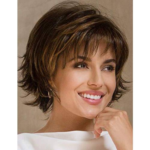 RENERSHOW Brown with Blonde Highlight Wavy Short Pixie Wigs for White Women Natural Looking Synthetic Wig with Bangs Layered Short Haircuts for Daily Party