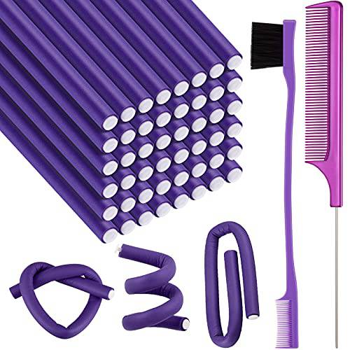 48 Pieces 9.4 Inch Flexible Curling Rods Twist Foam Hair Rollers Soft Foam No Heat Hair Rods Rollers and 1 Steel Pintail Comb, 1 Hair Edge Brush for Women Girls Long Medium Short Hair