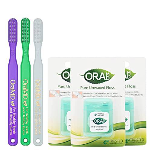 OraMD Bass Toothbrush & OraMD Pure Unwaxed Dental Floss Packs (3 Pieces Each)