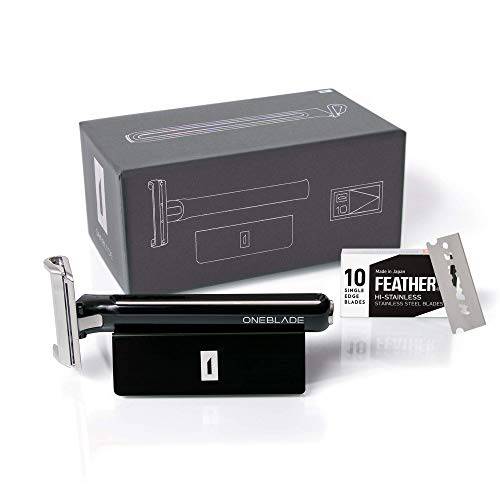 OneBlade Hybrid Stainless Steel Safety Razor with Stand & 10 Premium Japanese Feather FHS Refill Blades - For All Skin Types