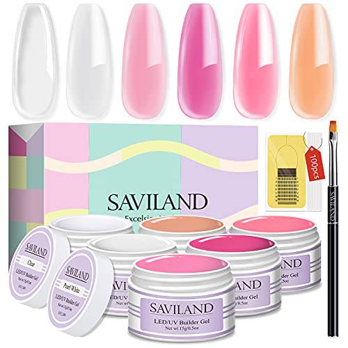 Saviland Builder Nail Gels Kit - 4 Colors Clear Nudes White Pink Hard Gel for Nail Strengthen Nail Extension Gel Kit with 100PCS Nail Forms and Acrylic Nail Brush for Beginners DIY at Home