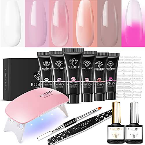 Modelones Poly Extension Gel Nail Kit - Builder Nail Enhancement Gel 6 Colors Pink Nude All In One Kit with Nail Lamp Base Top Coat Set Nail Art Design Salon Professional DIY for Starter at Home