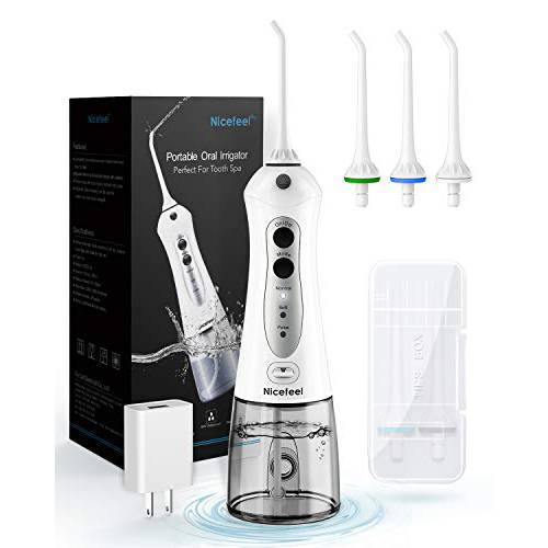 Cordless Water Flosser, Nicefeel 300ML USB Rechargeable and Portable Oral Irrigator with Tips Case for Travel, 3-Modes IPX7 Waterproof Water Dental Flossing with 4 Jet Tips for Home