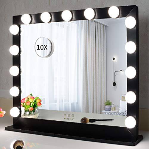 BEAUTME Black Mirror Vanity Mirror with Lights,Light Up Mirror with 15 Led Bulbs,Bedroom Table Mirror or Wall Mounted Mirror with 10X Magnification Large Makeup Vanity Mirror (70X55.2cm)