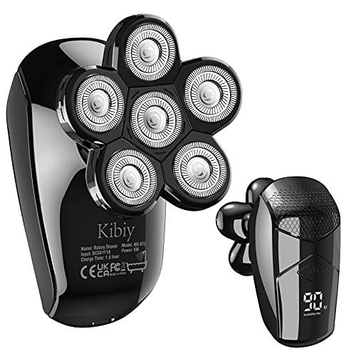 Head Shaver for Men, Kibiy 5-in-1 Head Shavers for Bald Men, Cordless LED Bald Head Shaver, IPX7 Waterproof 7D Rotary Shaver Grooming Kit with Nose Hair Trimmer Type-C Charge - Black