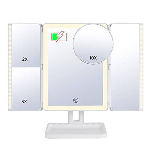 FASCINATE 176 LED Rechargeable Makeup Vanity Mirror with Lights, 2X 3X Magnifying Makeup Mirror with Lighting,Cordless Trifold Light up Mirror, 3 Color Lights Cometic Mirror White