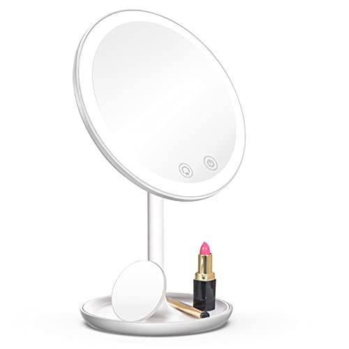 ZORVIDSON Makeup Mirror, Vanity Mirrors with LED Brightness Adjustment Function and 3 Light Colors, 5X Magnifying Mirror, Portable Home Bathroom Desktop Makeup Mirror