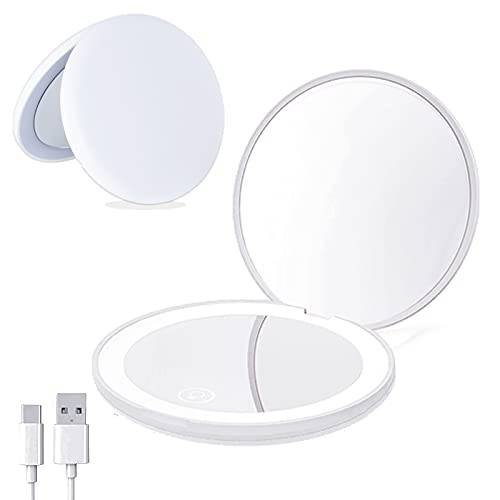 Compact Makeup Mirror, Magnifying Mirror with Lights, Rechargeable&Dimmable 1X/10X 2-Sided Cosmetic Mirror, Handheld&Portable Small Travel Mirror, Pocket Mirror, Gifts for Girls Women-Pearl White