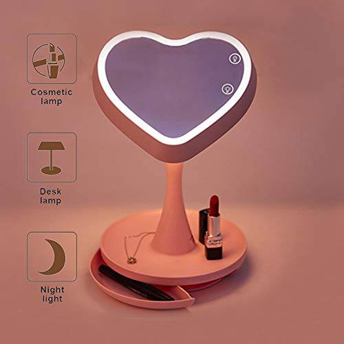 Lighted Makeup Mirror Rechargeable LED Makeup Mirror with Magnification Heart-Shaped Vanity Mirror with 1x/3x Magnification, USB Rechargeable Desk Lamp Light Up Mirror