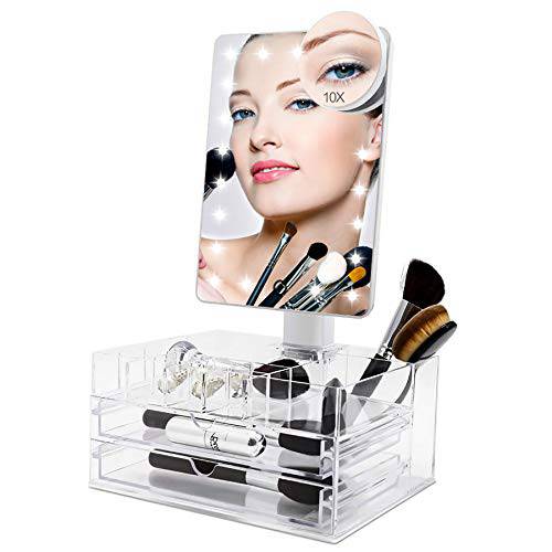 COSMIRROR Lighted Makeup Vanity Mirror with 10X Magnifying Mirror and Organizer Tray, 21 LED Light Up Mirror with Touch Sensor Dimming, Dual Power Supply, Portable Cosmetic Mirror (White)