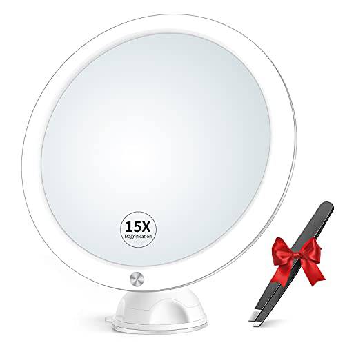 15x Magnifying Mirror with Light & Tweezers - Lighted Makeup Mirror with Strong Magnification for Precise Makeup, Plucking, Lighted Magnified Mirror w/Suction Cup for Bathroom, Dual Power , 8