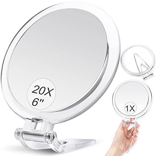 MIYADIVA Handheld Mirror 20x Magnifying Mirror with Folding Handle, Portable Hand Mirror with Magnification for Makeup/Travel, Double Sided, Round, 6