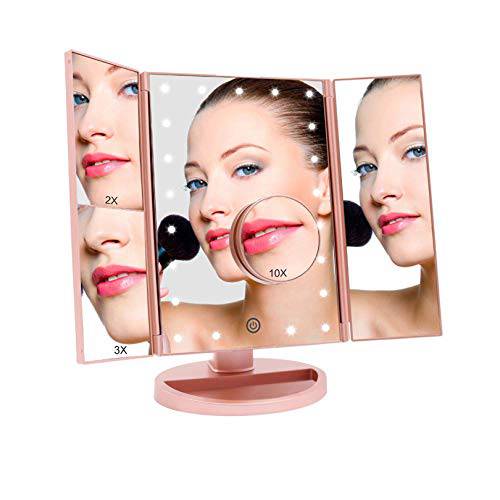 FASCINATE Lighted Makeup Mirror, Feature 21 Bright LED Lights, Dimmable Brightness, One Touch Power Switch, Multiple Magnifying Option (3x/2x/1x) Trifold LED Vanity Mirror, 180 Degrees