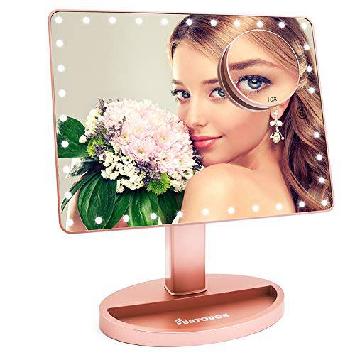 FUNTOUCH Large Lighted Vanity Makeup Mirror (X-Large Model), Light Up Mirror with 35 LED Lights, Touch Screen and 10X Magnification Mirror, 360° Rotation Tabletop Cosmetic Mirror(Rose Gold)