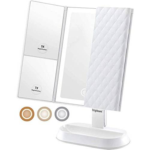 Rechargeable Trifold Vanity Mirror, 3 Color Lighting Modes Makeup Mirror with 60 Led Lights, 1x 5X 7X Magnification, Touch Screen Switch, 90° Adjustable Rotation Mirror
