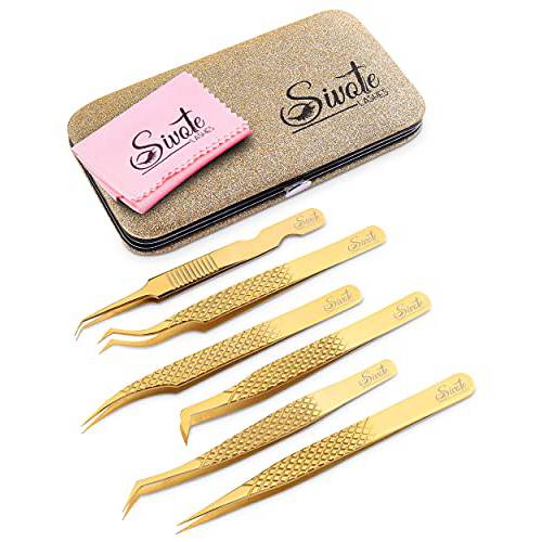 SIVOTE 6-Pack Professional Eyelash Extension Tweezers Set Japanese Steel, Gold