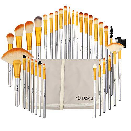 Champagne Makeup Brushes Set, Yuwaku Silver Foundation Powder Blush Eyeshadow Brushes Blending 32 Piece NO Shed Cruelty-Free Synthetic Fiber Bristles Cosmetic Brushes with Travel Case