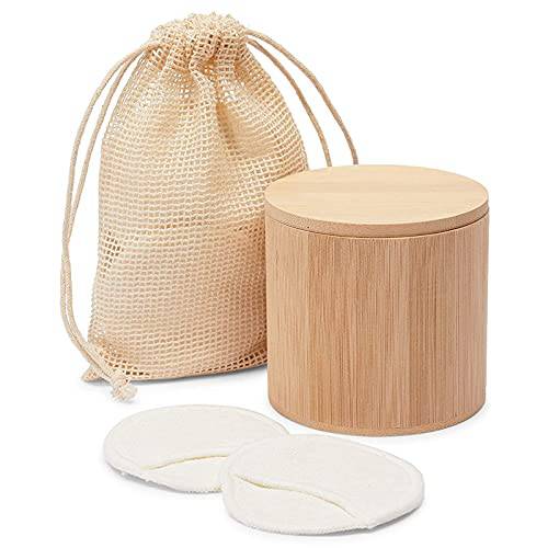 16 Reusable Cotton Pads for Makeup Removal, 1 Bamboo Holder, 1 Mesh Bag (18 Pieces)