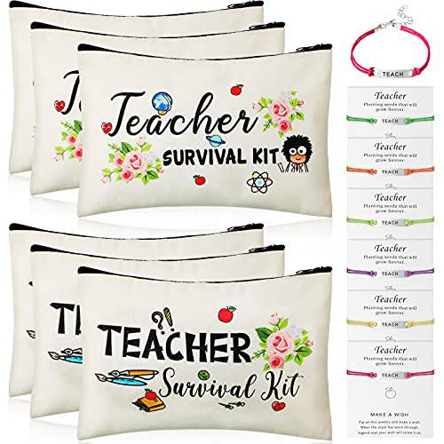 12 Pieces Teacher Appreciation Present Set, 6 Teacher Survival Kit Bag Makeup Pouch Pencil Bag, 6 Pieces Teacher Blessing Card Bracelet, Cosmetic Bag Kit for Teacher’s Day (Cute Style, 9 x 5.9 Inch)