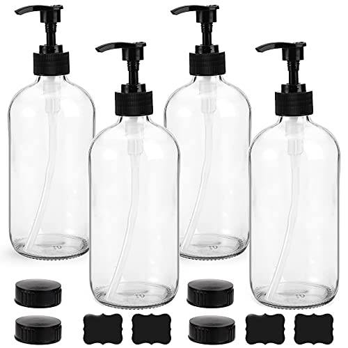 Yarlung 4 Pack 16 Oz Glass Pump Bottles, Clear Refillable Containers Glass Soap Dispenser for Essential Oils, Lotions, Cleaning Products, 4 Black Caps 6 Labels