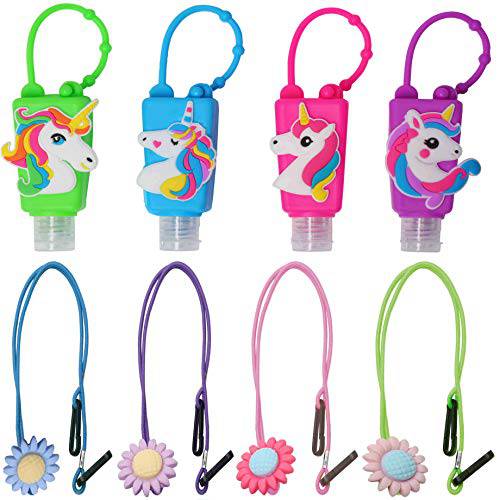 KINIA 8 PACK 4 Unicorn Empty Hand Sanitizer Refillable Containers Holder, 4-1 fl oz Flip Cap Empty Bottles, 4 Pack Lanyards (4+4-Variety Pack UNICORN)
