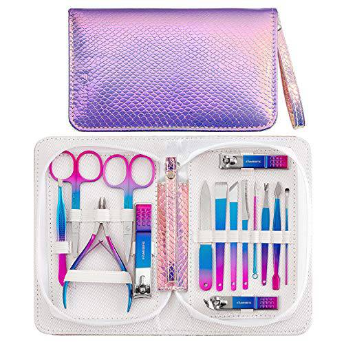Gifts for Women, FAMILIFE Manicure Set 15pcs Pedicure Kit Manicure Kit Fingernail Clipper Nail Kit Nail Clipper Set Grooming Kit with Mermaid Purple Leather Travel Case Valentines Day Gifts Nail Set
