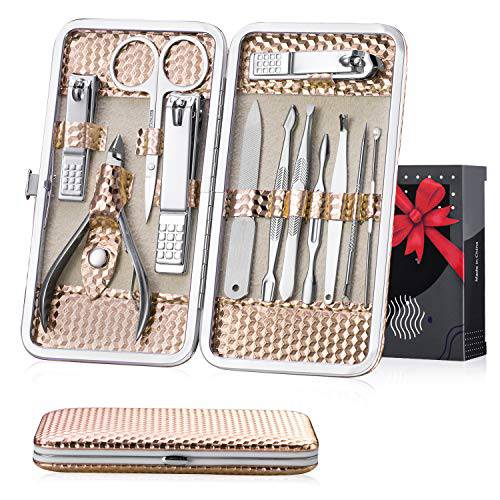 Nail Grooming Kit 12 Pieces - Nail Care Kit For Women Stainless Steel, Professional Hand, Foot & Nail Tools with Luxurious Travel Case. Compact 6x3 (Rose Gold)