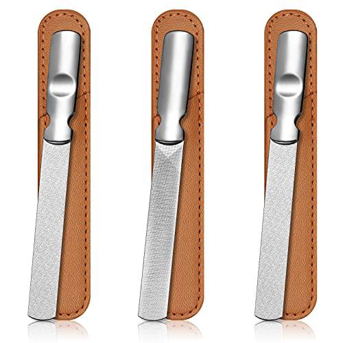 3 Pieces Stainless Steel Nail Files Metal Nail File with Leather Case Heavy Duty Nail File Double Sided Metal Nail Files Manicure Set Nail File with Leather Sheath (Brown)