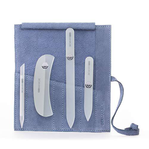 GERMANIKURE Crystal Glass Nail File Set in Light Blue Suede Case – Handmade in Czech Republic – Professional Manicure & Pedicure Supplies – Glass Cuticle Stick, Pusher, Moon File