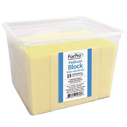 ForPro Yellow Pedicure Block, 220/220 Grit, Three-Sided Pedicure Nail Buffer, 3.5”L x 1.25”W x 1”H, Yellow, 15-Count