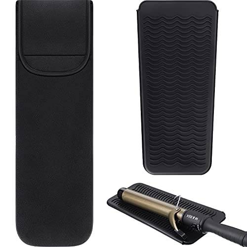 2 Pieces Flat Iron Case Holder Heat Resistant Curling Iron Neoprene Straightener Holder and Silicone Travel Mat for Hair Tools Curling Iron Organizer Bag or Daily Use(Classic Style)