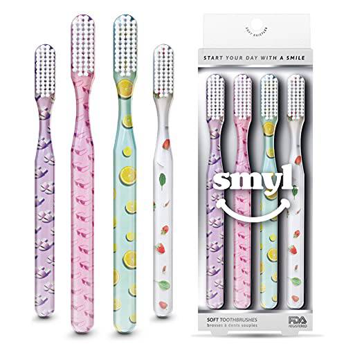BioSwiss SMYL Toothbrushes with Powerful Soft Nylon Bristles for Adults - Unique Fashion Forward Printed Designs, Oral Care, Effectively Remove Plaque and Tartar Build Up (4 Pack, Lifestyles Fun)