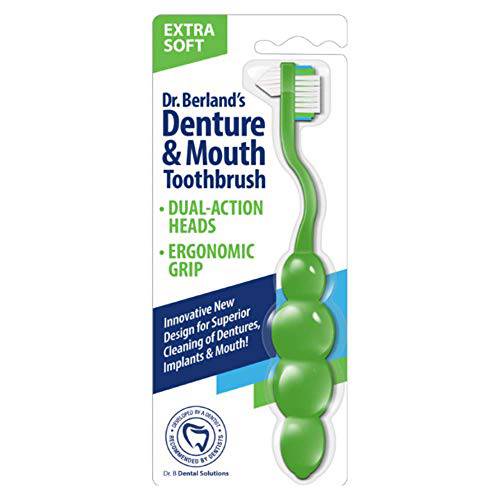 Dr. B Dental Solutions Ergonomic Denture and Mouth Toothbrush, Extra Soft Bristles Removes Adhesives, Food, Stains and Odors, Random Assorted Color