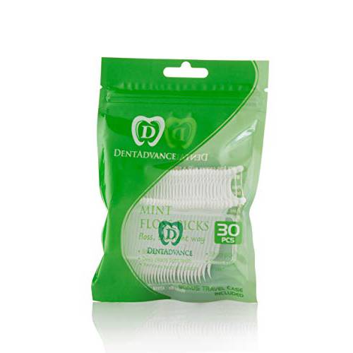 DentAdvance Mint Dental Floss Picks - Premium Angled, Easy Reach Back Teeth | Tooth Flossers | Mint Flavor, Waxed, 30 ct, w/ Travel Case