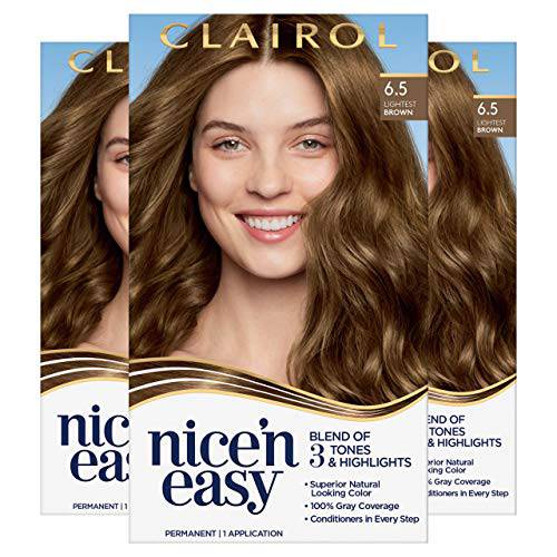 Clairol Nice’n Easy Permanent Hair Dye, 6.5 Lightest Brown Hair Color, Pack of 3