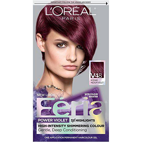 L’Oreal Paris Feria Multi-Faceted Shimmering Permanent Hair Color Hair Dye, V48 Violet Vixen (Intense Medium Violet)