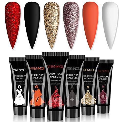 Vrenmol Poly Nails Gel Set - 6 Colors Red Gold Nail Extension Gel Fall Nails Glitter Black White Nails Set Builder Nail Gel for DIY Manicure Starter Professional Gift for Women Home Salon
