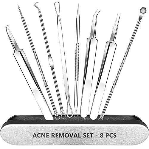2021 Latest 8Pcs Blackhead Remover Comedone Extractor Tool Kit with Metal Case for Quick and Easy Removal of Pimples, Zit Removing, Forehead, Facial and Nose，Blackhead Tweezers Kit(Silver)