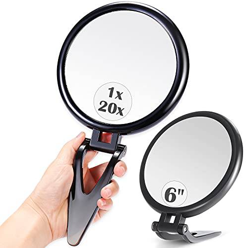 20x Magnifying Mirror Travel Magnifying Mirror, Hand Mirror with Handle, Handheld Mirror with Foldable Stand for Travel Makeup Mirror, 6 Double Sided Hand Held, Powerful Magnification, Black