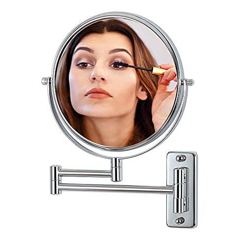 mumianshu Makeup Mirror Wall Mounted, 1x/ 10x Magnifying Makeup Mirror, 8 Double Sided Make up Mirror with 360 Degree Swivel Extendable Arm, Home Bathroom Shaving Vanity Mirror (Chrome)