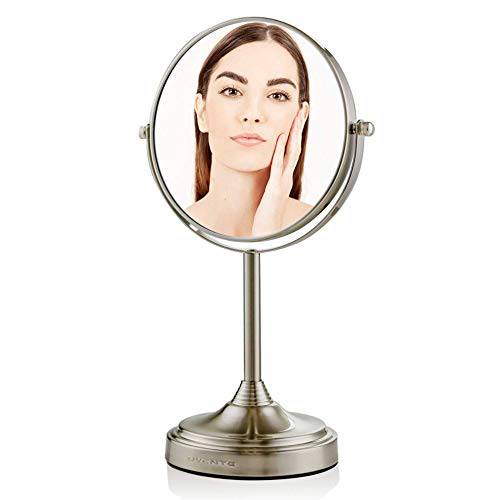 Ovente 7’’ Tabletop Makeup Mirror with Stand, 1X & 7X Magnification, Adjustable Double Sided Round Magnifier, Ideal for Dresser, Vanity, Office Station & Bathroom, Nickel Brushed MNLCT70BR1X7X
